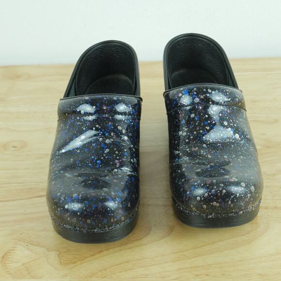Dansko Size 38 Clogs Us 7 1/2 8 Black Patent Splatter Pattern Comfort Work Shoes - Picture 3 of 13